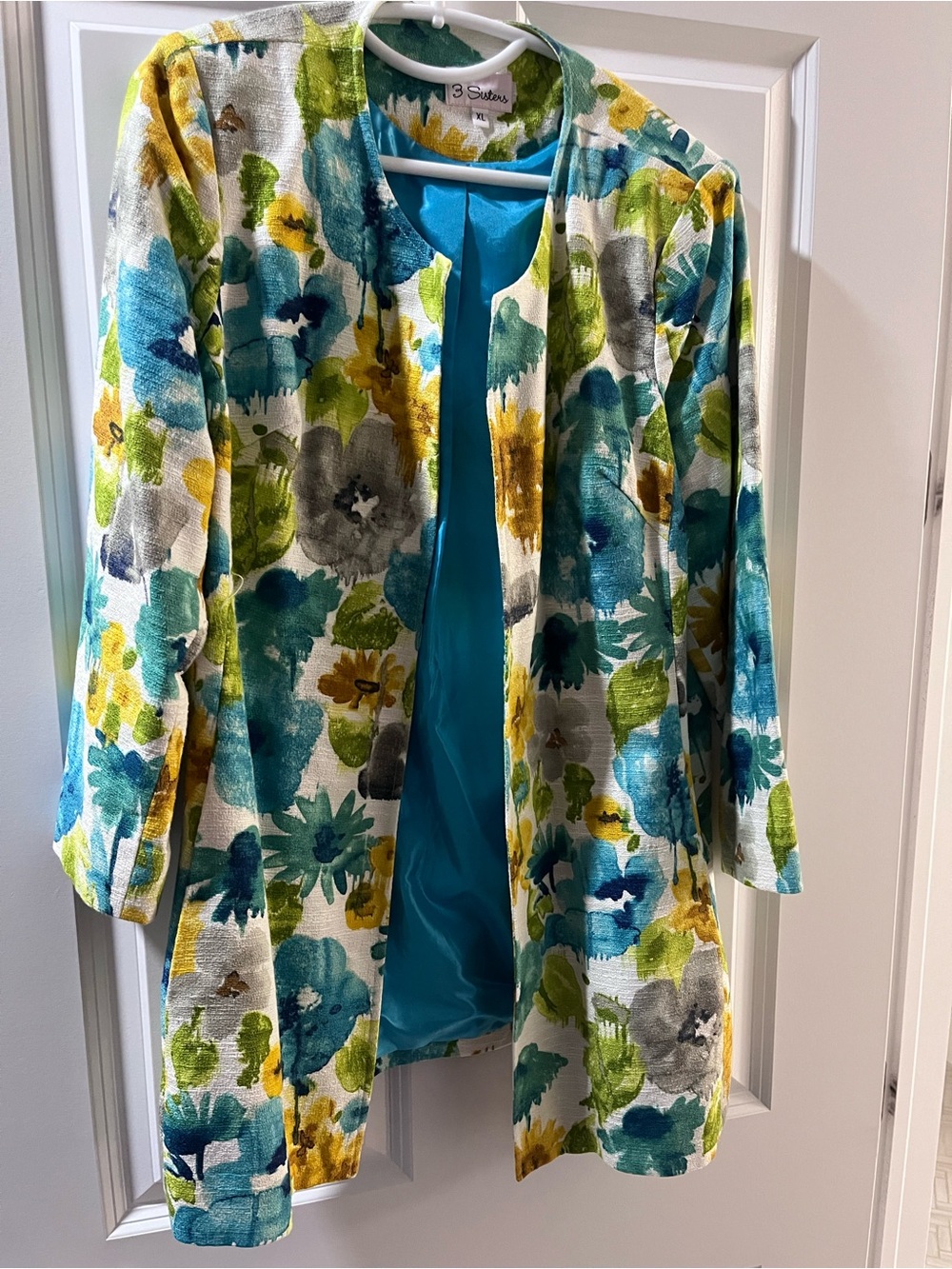 3 Sisters Teal, Yellow & Green Watercolor Floral Open Tunic Length Jacket